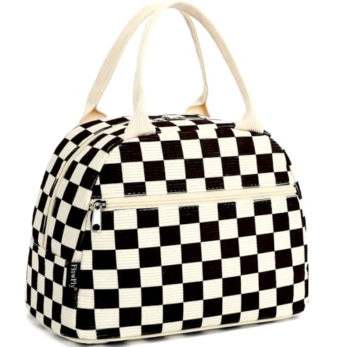 FlowFly Lunch Bag for Women Insulated Lunch Box Corduroy Lunch Tote Cooler for Travel Work Picnic,Corduroy Plaid Black - color: Corduroy Plaid White