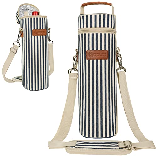 opux Wine Bag Single Bottle Carrier Tote, Insulated Wine Cooler Bag for Travel Picnic Beach with Shoulder Strap, Thermal One Bottle Holder Carrying Case Gift for Women Men, Navy White Stripes - color: Navy Stripes