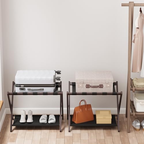 Smuxee Brown Bamboo Luggage Rack Pack of 2, Foldable Suitcase Stand with Storage Shelf, Easily Assembled Luggage Stand with 5 Nylon Straps for Guest Room Bedroom Hotel - color: Brown 2PCS