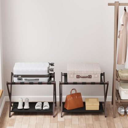 Smuxee Brown Bamboo Luggage Rack Pack of 2, Foldable Suitcase Stand with Storage Shelf, Easily Assembled Luggage Stand with 5 Nylon Straps for Guest Room Bedroom Hotel - color: Brown 2PCS