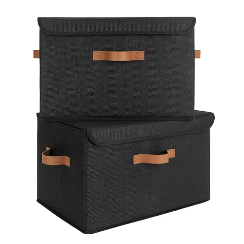 GRANNY SAYS Black Storage Bins with Lids, Decorative Storage Boxes with PU Handles, Linen Closet Organizer, Storage Baskets for Shelves, Fabric Storage Bins for Clothes, Extra Large - color: Black, size: Extra Large-2 Pack