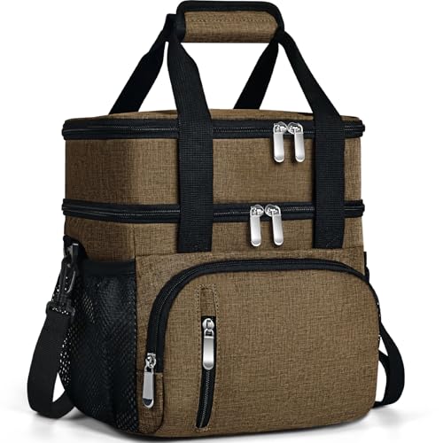 Insulated Lunch Bag for Men & Women, Double Leakproof Lunch Box Soft Cooler Tote with 5 Pockets, 600D Oxford, EVA Lining, Adjustable Strap for Work, Picnic, Beach&Travel-Coffee - color: Coffee, size: Double