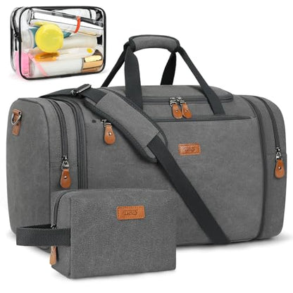 Canvas Mens Duffle Bag for Travel - Expandable 50L Weekender Bags with Toiletry Bag, Overnight Bag Travel Duffel Carry On Luggage with Removable Shoulder Strap, Durable & Water-Resistant - color: 3-Grey