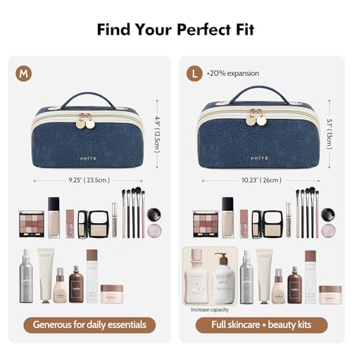 Prite Makeup Bag for Women Travel Waterproof Vegan Leather Cosmetic Bag Open Flat Toiletry Bag With Clear Divider and Handle (Blue Flower, Large) - color: Blue Flower, size: Large