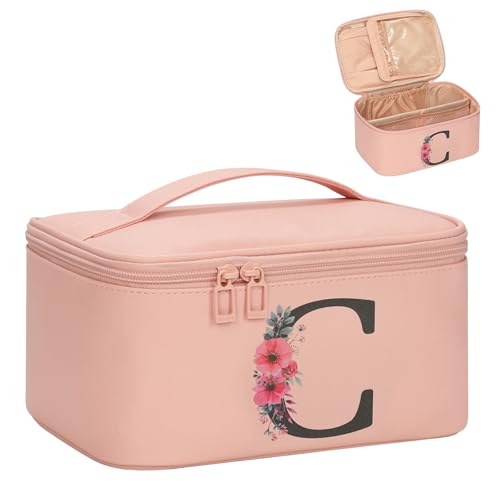 OCHEAL Initial Makeup Bag,Monogram Make up Bag Pink Travel Makeup Organizer Case Beauty Toiletry Cosmetic Bag with Brush Holder, Trendy Stuff Personalized Gifts for Women and Girls-C - color: Pink, style: C