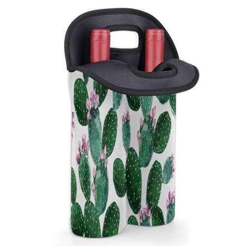 2 Bottle Wine Carrier Tote Bag Cute Cactus Insulated Neoprene Portable Bottle Holder Great Gift for Wine Lover, Great for Picnics Travel BYOB, Outdoor Entertaining