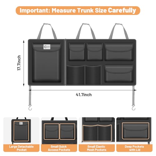 Detachable Hanging Trunk Organizer, Foldable Car Trunk Organizer Hanging for SUVs, Jeeps, Hatchbacks, Car Trunks Organiser with 7 Large Compartments