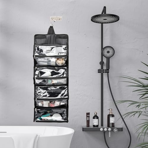 ROYALFAIR Roll Up Makeup Bag, Waterproof Toiletry Bag for Women, Hanging Travel Organizer bags with Jewelry Organizer Compartment, Extra Large 4 Clear TSA Approved Pouches Cosmetic Makeup (black) - color: black
