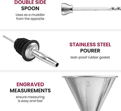 FineDine Cocktail Shaker Set with Travel Bag - Stainless Steel Shaker Set Bartender Kit - Mixology Bartender Kit - Strainer, Muddler, Jigger, Bar Spoon, Bottle Opener, Pour Spouts - Bar Set (14 Piece) - size: 14 Piece