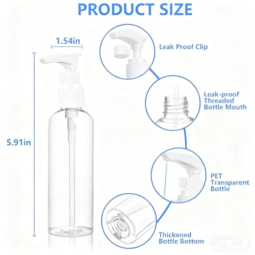 DTDNZKN 4 Pack 3.4 Oz (100ml) TSA Approved Travel Pump Bottles for Toiletries Clear Travel Size Bottles Leak Proof with Labels