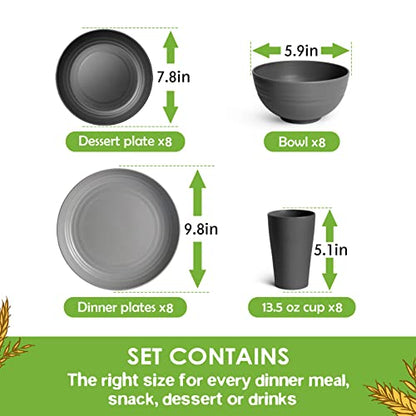 Teivio 32-Piece Kitchen Plastic Wheat Straw Dinnerware Set, Service for 8, Dinner Plates, Dessert Plate, Cereal Bowls, Cups, Unbreakable Colorful Plastic Outdoor Camping Dishes, Gray Ombre - color: Gray Ombre
