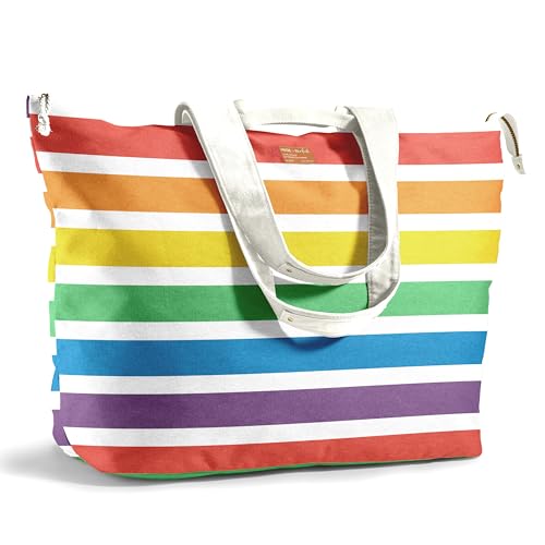 Fit & Fresh XL Beach Tote Bag for Women – XL Travel Tote with Zipper & Pockets, Oversized Canvas Pool Bag, Weekender Carry-On - color: Colorful Stripe