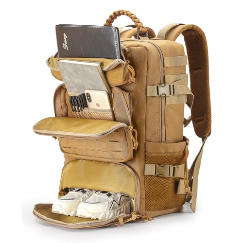 Tactical Backpack for Men and Women, 35L Travel Military Backpack with Shoe Compartment, 1000D Water Resistant Molle Rucksack for Outdoor Hiking Travel Camping, Khaki Color - color: Khaki Color 35l