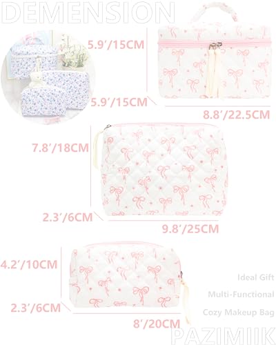3PCS Makeup Bag SET Large Travel Quilted Zipper Soft Cosmetic Case Pouch for Women Girls Make Up,Bow Pink - color: Bow Pink, size: 3 PCS SET