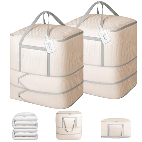 Comforter Storage Bag - 120L Bedding Storage Bags for Closet and Moving, Washable Blanket Storage Bag, Ultra Space Saving Self Compression Organizer, 2-Pack, Beige - color: Beige, size: 2 Pack - 3 Layer