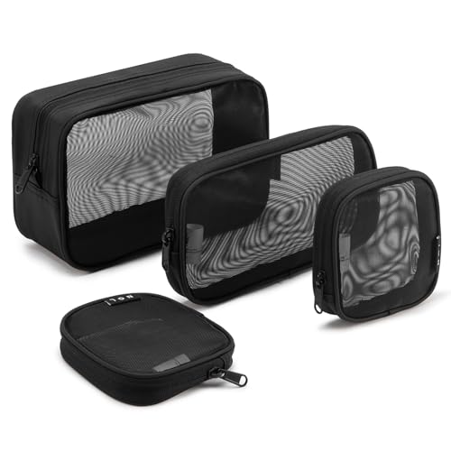NOL Natural Organic Lifestyle Makeup Bag 4 PCS Set, Mesh Cosmetic Bag with Smooth Zipper, Clear Travel Toiletry Bag, Portable Organizer Pouch, Black See Through Case for Skincare Brushes - color: Black