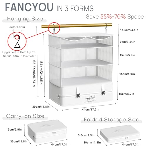 Compressible Packing Cubes Portable Hanging Closet Shelves 17"x12"x24" Extendable Travel Organizer Nylon Packing Bags for Suitcase - color: White