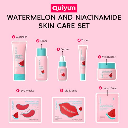 QUIYUM Watermelon & Niacinamide Skin Care Sets, Routine Facial Skincare Product, Beauty for Women, Hydration, Moisturizing, Oil Control, Glow Up, Teen Girl Gifts Trendy Stuff, Spa-Like at Home - size: 11pc
