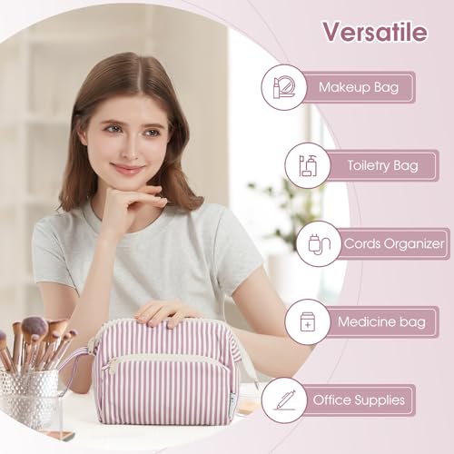 Narwey Striped Makeup Bag Women Wide-open Make up Bag Travel Cosmetic Bag Organizer Toiletry Bag for Cosmetics Toiletries Accessories (Dusty Rose Stripe) - color: ZY-Dusty Rose Stripe