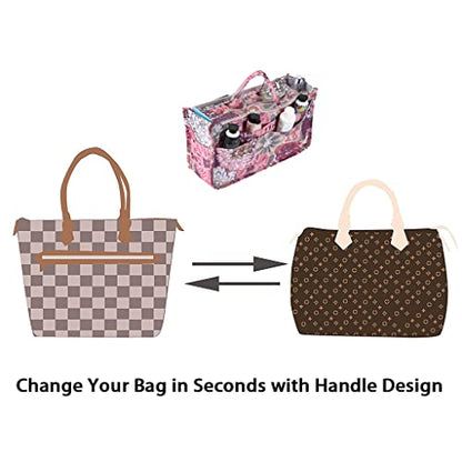 BTSKY Printing Handbag Organizers Inside Purse Insert - High Capacity 13 Pockets Bag Tote Organizer with Handle (Peony) - color: Pink