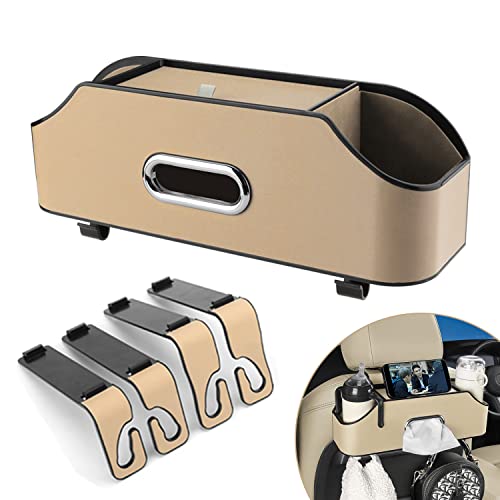 Car Seat Back Organizer - Stylish & Functional Storage for Family Adventures - Cup Holders, Tissue Box & Hooks - Perfect for Kids, Road Trips & Travel (Beige) - color: Beige