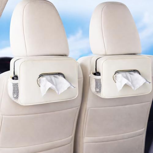 2 Pack Multi-Functional Car Tissue Holder with ‌2 Tuck Nets, Upgraded PU Leather Tissue Box Cover, Large Rectangle Napkin Storage Organizer, Keep Car Tidy, Beige - color: 2pack Beige