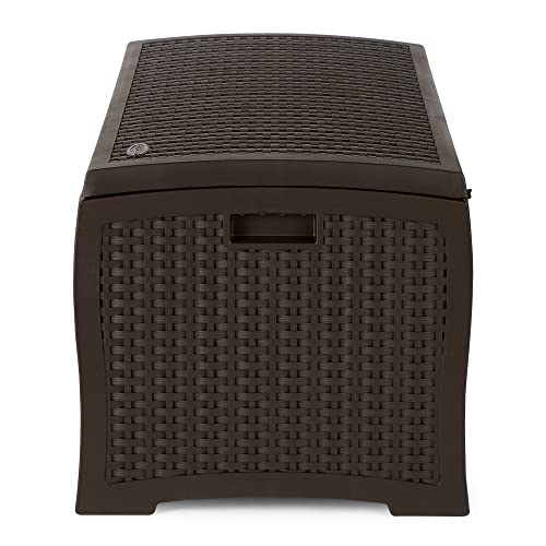 Suncast Outdoor Storage Box - 73 Gallon Mocha Brown Deck Box for Patio, weather-resistant Outdoor Storage Bench, Resin Wicker Style, Heavy-Duty, Lockable Lid for Cushions, Shoes, Pool & Garden Gear - style: Deck Box