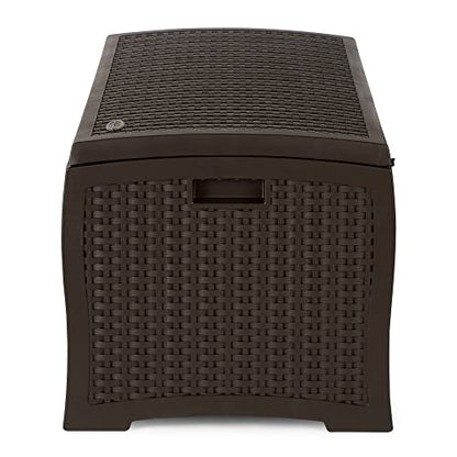 Suncast Outdoor Storage Box - 73 Gallon Mocha Brown Deck Box for Patio, weather-resistant Outdoor Storage Bench, Resin Wicker Style, Heavy-Duty, Lockable Lid for Cushions, Shoes, Pool & Garden Gear - style: Deck Box
