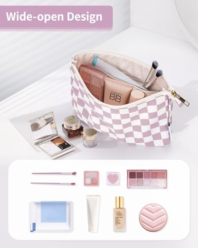 Narwey Small Checkered Makeup Bag for Purse Small Cosmetic Bag Women Travel Makeup Pouch Zipper Pouch (Dusty Rose Checkerboard) - color: AB-Dusty Rose Checkerboard
