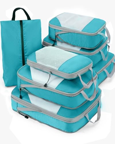 Meowoo 7 Set Compression Packing Cubes for Travel, Durable Ripstop Mesh Suitcase Organizer with Shoe Bag, Ultralight & Expandable Space Saver Travel Cubes - color: Turquoise
