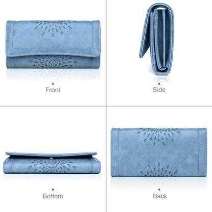 APHISON Womens Wallets RFID Blocking Leather Clutch Long Wallet for Women Card Holder Phone Organizer Ladies Travel Purse Hollow Out Sunflower Design Gift - color: d-Blue2