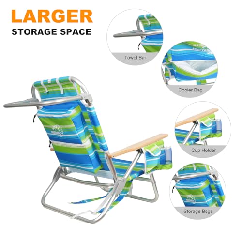 Backpack Beach Chairs for Adults Capacity 300 LBS Low 5 Position Beach Chair with Pouch Straps Folding Lightweight Reclining Aluminum Wide Lay Flat Single - color: 10in Wood Yellow Blue Stripes 1 Pack