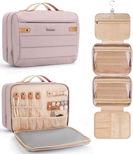 COOSKY Women's Hanging Toiletry Bag, Waterproof Travel Cosmetic Organizer with Jewelry Storage, Large Capacity Makeup Case for Full-Size Skincare & Bathroom Essentials, Portable Cosmetic kit, Pink - color: Pink