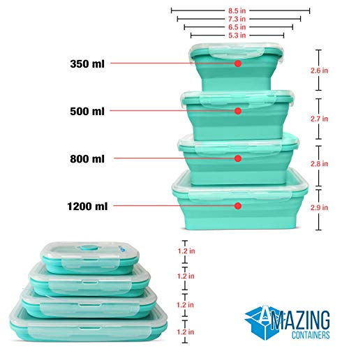 AMAZING CONTAINERS™ Collapsible Silicone Food Storage Container Set of 4 with Lids | Stackable | Microwaveable | Freezer, Dishwasher Safe| BPA Free