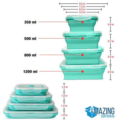 AMAZING CONTAINERS™ Collapsible Silicone Food Storage Container Set of 4 with Lids | Stackable | Microwaveable | Freezer, Dishwasher Safe| BPA Free