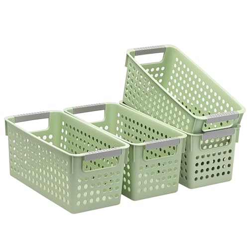 Soddeph Slim Plastic Storage Basket with Handles, Narrow Organizer box for Shelves, Organizer box for Organizing, Kitchen,Home,Office (Green, Small) - color: Green, size: Small