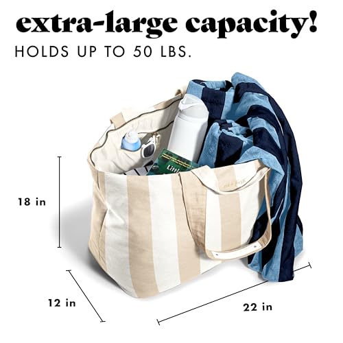 Fit & Fresh XL Beach Tote Bag for Women – XL Travel Tote with Zipper & Pockets, Oversized Canvas Pool Bag, Weekender Carry-On - color: Taupe Stripe