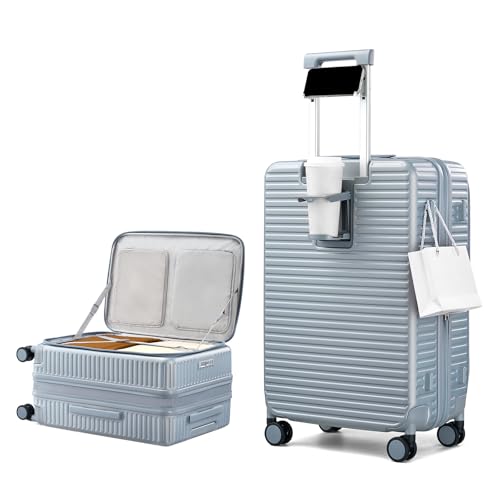 HanTrip Hard Shell Suitcases 24 Inch Check in Luggage with Spinner Wheels Cup Holder, Lightweight Top Opening Expandable Luggage Hard Case Rolling Medium Checked Suitcase with Lock, Silver - color: Arctic Silver, size: Expandable 24 Inch