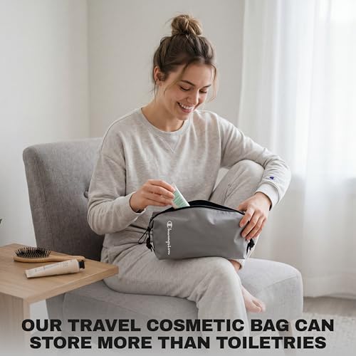 Champion - Hanging Toiletry Bag - Travel Sized Polyester Bag — Water-Resistant, Cosmetics Organizer Bag with Two Compliant Bottles - Lightweight Portable Zipped Bag for Unisex – Grey - 10"x3.9"x3.9" - style: Grey