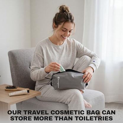 Champion - Hanging Toiletry Bag - Travel Sized Polyester Bag — Water-Resistant, Cosmetics Organizer Bag with Two Compliant Bottles - Lightweight Portable Zipped Bag for Unisex – Grey - 10"x3.9"x3.9" - style: Grey