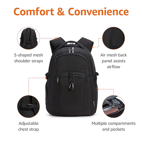 Amazon Basics Travel Laptop Backpack with Multiple Pockets and Compartments for 17 in / 43.1 cm Laptop, Water Resistant, Spacious with Padded Shoulder Straps, Black - size: 17"