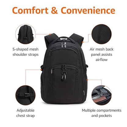 Amazon Basics Travel Laptop Backpack with Multiple Pockets and Compartments for 17 in / 43.1 cm Laptop, Water Resistant, Spacious with Padded Shoulder Straps, Black - size: 17"