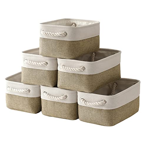 Small Storage Baskets for shelves,Fabric Storage Baskets for closet,rectangular Collapsible baskets for organizing clothes,books,gifts - color: White&Khaki, size: Small (Pack of 6)