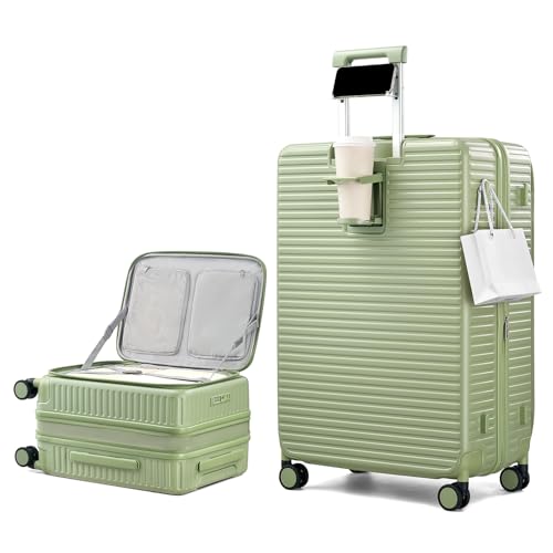 HanTrip Hard Shell Expandable Luggage Sets 2 Piece with Spinner Wheels Cup Holder, Top Opening Lightweight Luggage Rolling Suitcase, Carry On And Checked Luggage Set 2 Piece (Bamboo Green, 20/28) - color: Bamboo Green, size: Expandable 2-Piece Set(20/28)