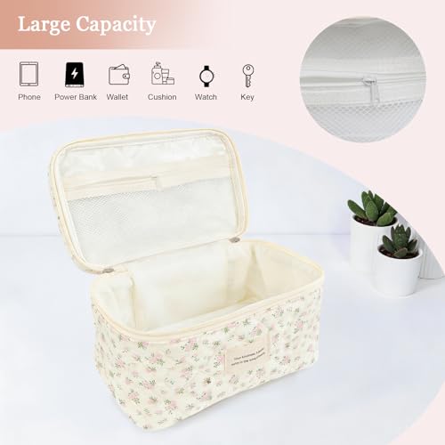 NATINSA Cute Makeup Bag for Women(2 Pcs), Travel Cosmetic Bags, Quilted Coquette Aesthetic Floral Toiletry Organizer Bag (46 - PinkMuDan) - color: 46 - PinkMuDan