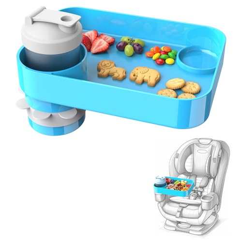 Car Seat Snack Tray for Kids, Mess-Free Square Travel Tray Cup Holder Snack Tray, Durable Car Food Tray for Toddlers, Universal Fit Kids Travel Road Trip Essentials (1, Sky Blue) - color: sky blue