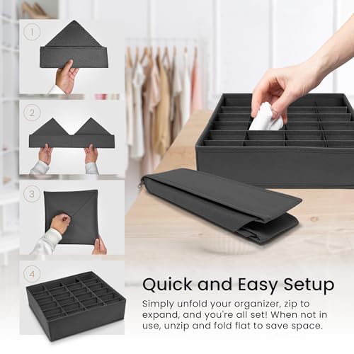 Reli. Sock Organizer (4 Pack) | 16+24 Cell Underwear Organizer | Drawer Dividers for Underwear, Socks, Ties, Belt | Foldable Fabric Storage Bins for Drawer, Closet, Dresser | 11.8 x 11.8 x 3.5 (Gray)