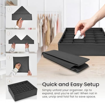 Reli. Sock Organizer (4 Pack) | 16+24 Cell Underwear Organizer | Drawer Dividers for Underwear, Socks, Ties, Belt | Foldable Fabric Storage Bins for Drawer, Closet, Dresser | 11.8 x 11.8 x 3.5 (Gray)