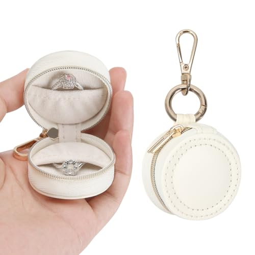 KUKUVR Jewelry Ring Holder Box with Keychain, Portable Gym Jewelry Storage Box Case, Small Travel Ring Earring Stud Necklace Storage Case (White) - color: White