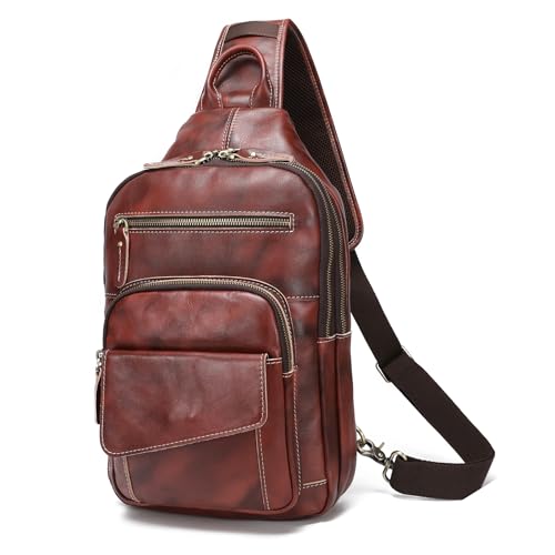 LANNSYNE Full Grain Leather Casual Sling Bag For Men Hiking/Travel/Business Crossbody Chest Bag Fits 12.9" iPad - color: Coffee for 12.9 Ipad